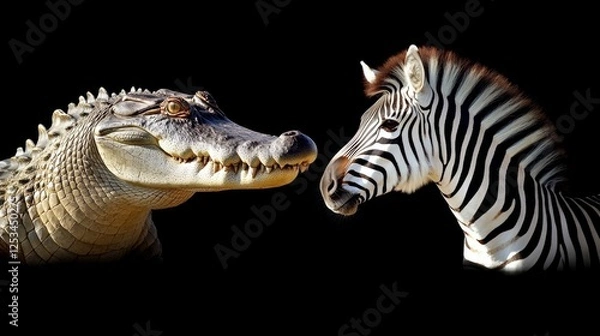 Fototapeta Crocodile and Zebra A Striking Study in Contrast Against a Black Background, Wildlife Portrait
