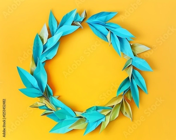 Fototapeta Turquoise paper leaves arranged in a round frame on a bright yellow background, minimal style with copy space.