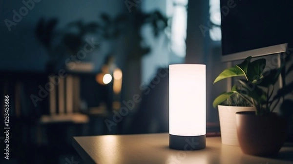Fototapeta Cozy nightstand lamp casting soft glow in home interior setting with plants