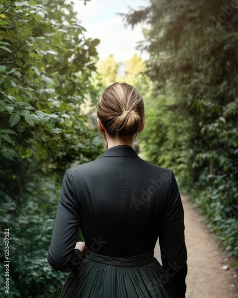 Fototapeta Woman walking along forest path surrounded by lush greenery in soft afternoon light