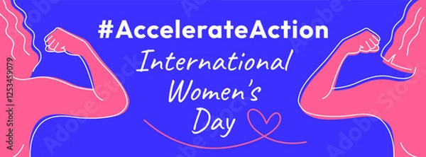Obraz International Women's Day 2025 banner. Accelerate Action campaign pose. Outline women doing strength gesture with arm to show solidarity and support for women's rights and gender equality.