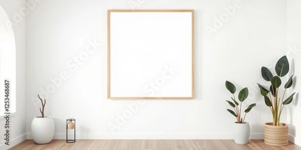 Fototapeta Minimalist wooden poster frame on cream wall in Mediterranean villa apartment, chic, villa