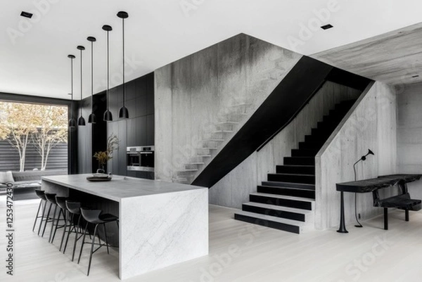 Fototapeta A minimalist dining room with a monochrome color scheme, sleek chairs, and modern pendant lights