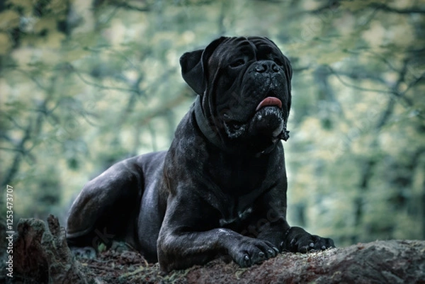 Obraz Czarny Cane Corso odpoczywający w lesie – siła i spokój  eży na leśnym wzgórzu, emanując siłą i spokojem. Jego muskularna sylwetka i czujne spojrzenie podkreślają majestatyczny charakter tej rasy psów