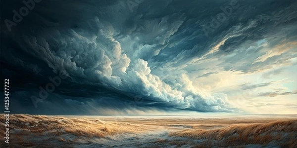 Obraz A dramatic sky with swirling clouds looms over a golden landscape, capturing a moment of impending weather and natural beauty.