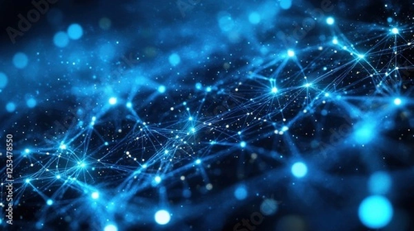 Fototapeta Futuristic circuit patterns with glowing lines and dots on a blue background in digital design