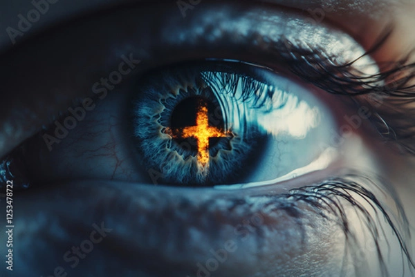 Fototapeta The reflection of a Christian cross inside the eye of a person