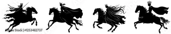 Fototapeta A fairy tale prince mounted on a horse galloping forward - a medieval fantasy hero depicted in black and white modern silhouette