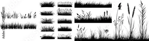 Obraz A realistic black and white modern bundle of silhouettes featuring the ground with grass, flowers, spikelets, and trees. Perfect hand-drawn isolated illustrations for work, design, banners, and