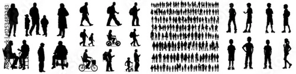 Fototapeta People silhouettes in elevation side view showcasing architecture | silhouettes of people in 2D | architectural drawing featuring people in section elevation view | characters in architectural