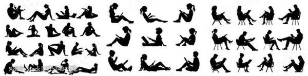 Obraz Young men and women seated outdoors, capturing a variety of stances and angles, including front, back, and profile views