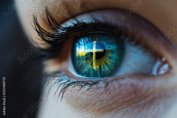 Fototapeta The reflection of a Christian cross in a person's eye close-up