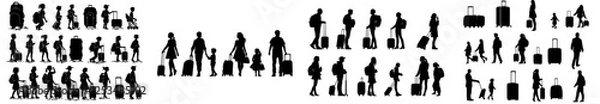 Fototapeta Black silhouettes of travelers. People carrying backpacks. A man, woman, and child with a suitcase. They are standing, walking, and waiting. It depicts families and individuals on their journey. The