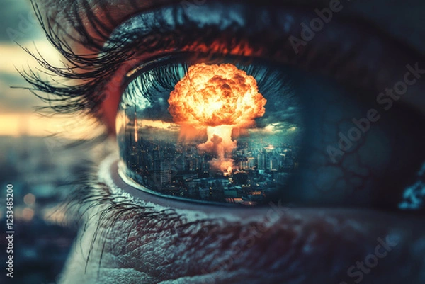 Fototapeta An atomic mushroom cloud reflected in an eye close-up