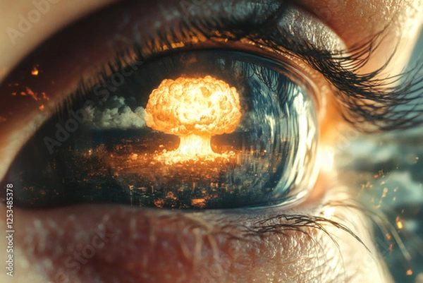 Fototapeta An atomic mushroom cloud reflected in an eye close-up