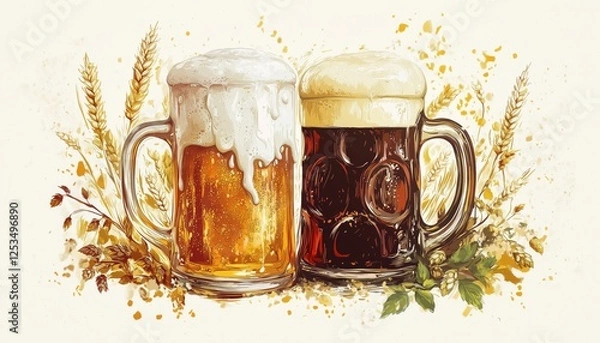 Fototapeta Blend Of Tradition And Modernity: Beer Glass With Foam, Hops, Wheat Field, Bavarian Figure - Perfect For Festive Summer Parties