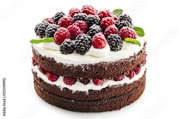 Fototapeta Delicious layered chocolate cake decorated with raspberries and blackberries on white background