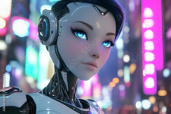 Obraz Futuristic female robot in vibrant cyberpunk city.  AI generated artwork.