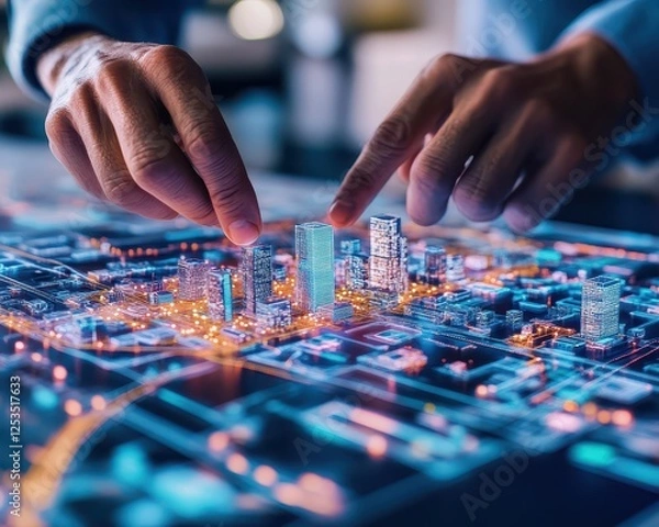 Fototapeta Hands placing small business models on a large digital city blueprint, urban economic strategy