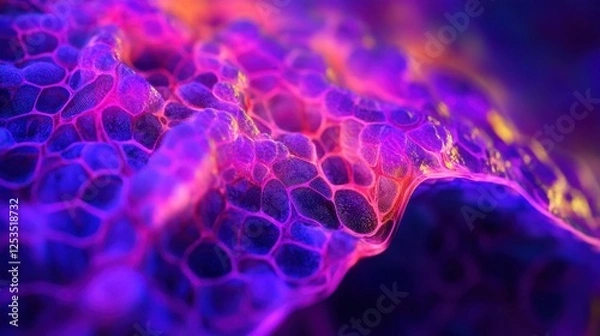 Fototapeta Close up of a colorful cellular structure, showcasing intricate patterns and vibrant hues. The image highlights the complexity and beauty of microscopic science