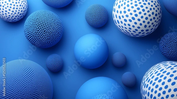 Fototapeta Blue spheres with various textures and patterns on blue background create visually striking composition. arrangement of these spheres adds depth and interest to design