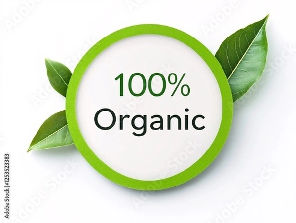 Fototapeta A green circular label with the text 100% Organic surrounded by vibrant green leaves, emphasizing eco-friendly and natural product themes