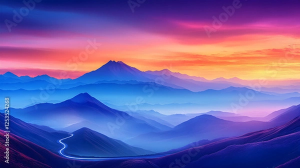 Fototapeta Road winds through majestic mountains at sunset. A serene landscape ideal for travel, adventure and background wallpaper