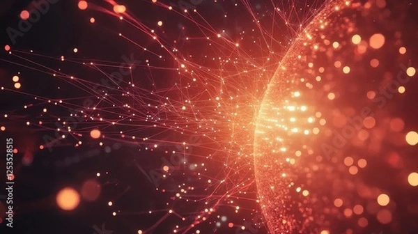 Fototapeta Abstract digital background featuring a glowing Earth with interconnected nodes, representing the internet, blockchain technology, and global data exchange, high-tech business and communication theme.