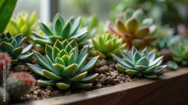 Fototapeta A close-up of a succulent arrangement highlighting the unique textures and colors of each plant, emphasizing the intricate details that make succulents so appealing