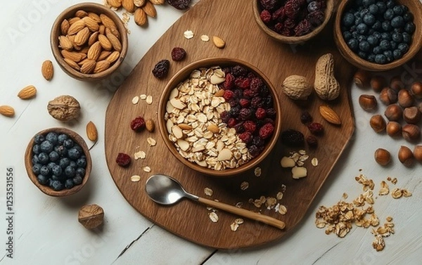 Obraz Organic oatmeal bowl with dried fruits nuts and fresh blueberries on a rustic wooden board for a healthy breakfast packed with protein and nutrients