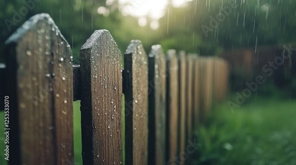Fototapeta Rainy day reflections wooden fence close-up backyard natural light macro perspective serenity and calmness in nature's embrace