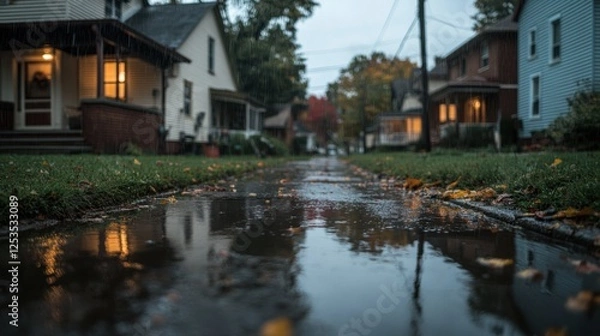 Fototapeta Rainy day reflections on a quaint neighborhood street suburban homes photographic scene overcast environment low angle view tranquility and nostalgia