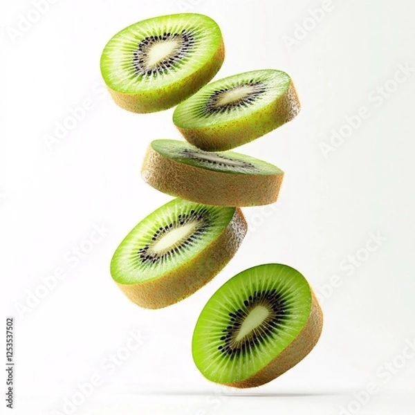 Fototapeta Sliced kiwi falling in mid-air, showcasing fresh green hues and intricate seed details, ideal for healthy food and fruit-themed designs