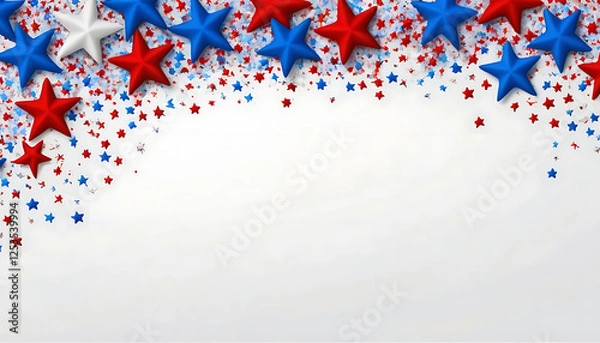 Fototapeta Fourth of July design, border for celebrating the 4th of July, Independence Day decorations featuring confetti stars in the colors of the USA Country, on neutral background