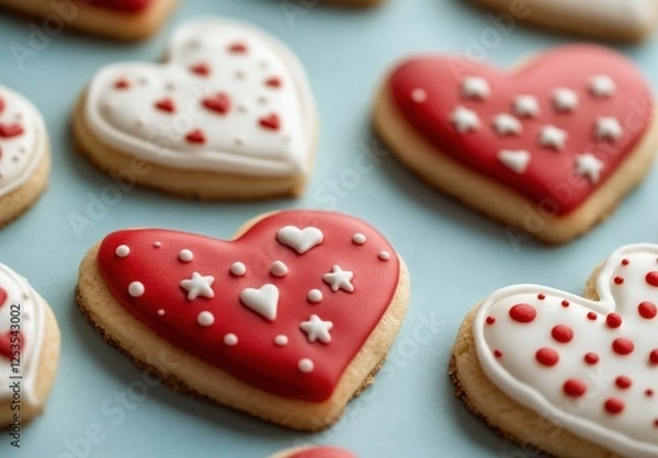 Obraz Close up view of heart shaped cookies, decorated with white and red icing patterns, arranged on a light blue surface. The cookies are various shades of red and white with different patterns. The