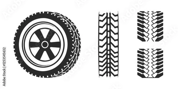 Fototapeta Car and Motorcycle Tire Tracks Grunge Texture Set – Racing Tread Silhouettes with Yellow Accents