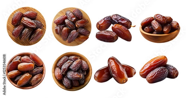 Fototapeta Fresh Dates in Various Bowls on White Background for Healthy Snack, isolated on transparent background