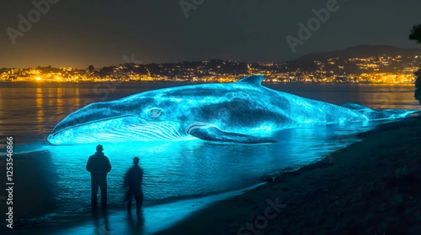 Obraz Bioluminescent whale glowing on a dark beach at night