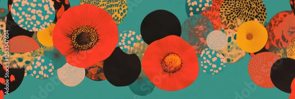 Fototapeta Stylized flowers in circular patterns with African motifs and diverse dot arrangements