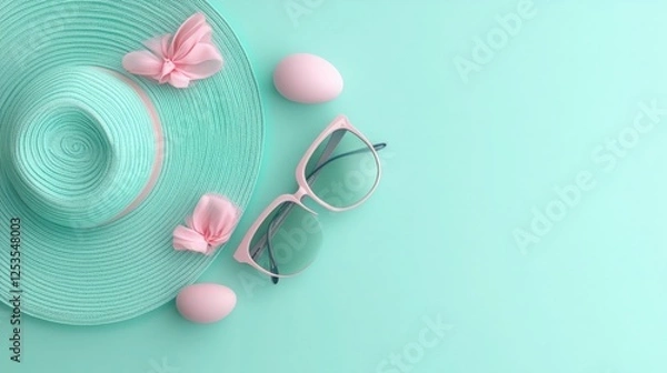 Fototapeta Pastel mint green background displays a light teal straw hat, pink sunglasses, and pink Easter eggs arranged in a flat lay composition, featuring delicate pink flowers