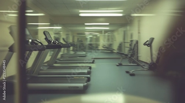Fototapeta blurred gym background, sports fitness room with treadmills and exercise equipment in defocus, and text copy space