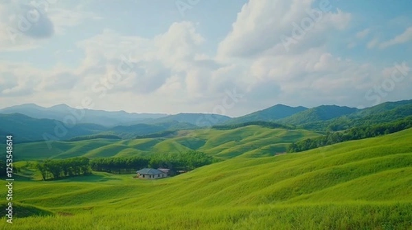 Obraz Rolling green hills and mountains with house under cloudy blue sky in summer day landscape