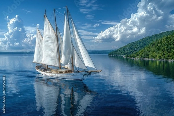Fototapeta Classic sailboat sailing on calm blue water by green coast under cloudy sky