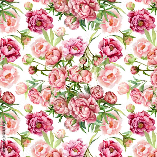Fototapeta Seamless floral pattern with pink peonies. Watercolor illustration for textile, packaging, background