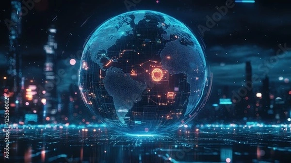 Fototapeta Close-up of a holographic globe with glowing network connections, representing worldwide internet access, global trade, and digital transformation, futuristic technology concept on cityscape backgroun