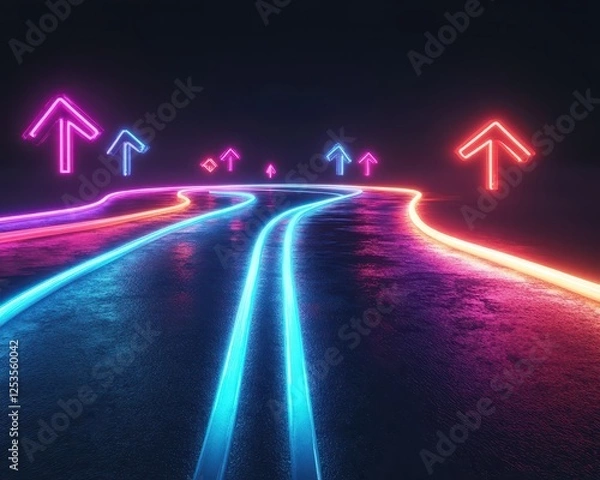 Fototapeta A neon roadmap with directional arrows leading to business growth and innovation