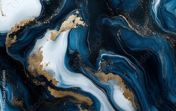 Obraz Blue and white fluid painting with golden glitter accents creating an elegant contemporary design with shimmering swirls and smooth textures