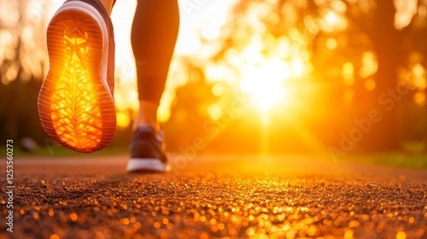 Obraz A close-up of a runner's foot striking the ground at sunset, with vibrant orange sunlight illuminating the path ahead.