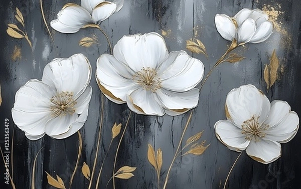 Obraz Elegant white and gold flowers on dark abstract background for luxury home decor and fine art interior design inspiration