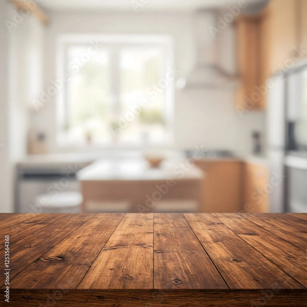 Fototapeta A blurry kitchen interior with a window and cabinets, contrasted with a clear rustic wooden tabletop in the foreground